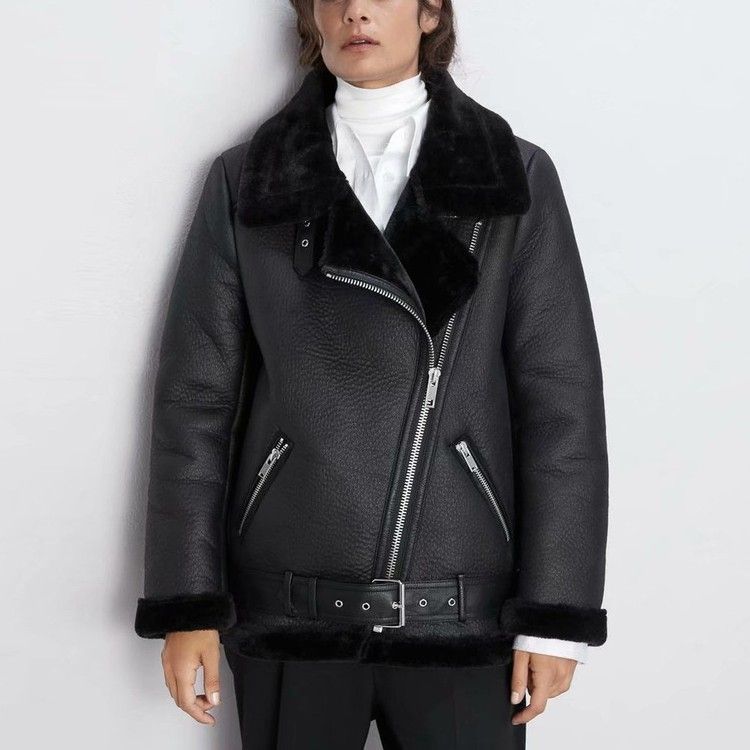 Winter Fashion Fur-Lined Thickened Lapel Long-Sleeve Diagonal Zipper Belt Women's Leather Jacket