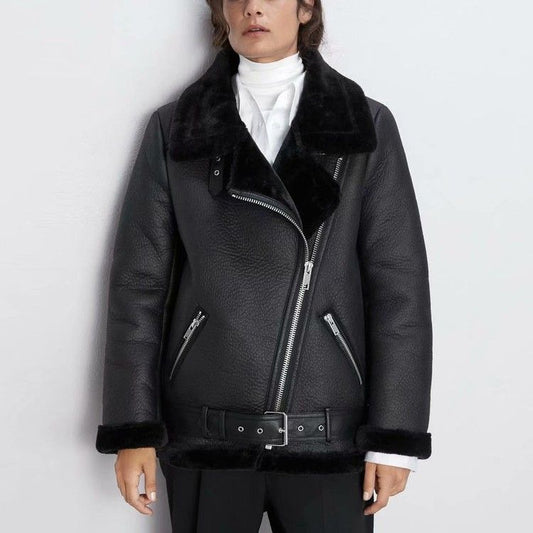 Winter Fashion Fur-Lined Thickened Lapel Long-Sleeve Diagonal Zipper Belt Women's Leather Jacket
