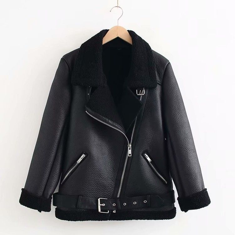 Winter Fashion Fur-Lined Thickened Lapel Long-Sleeve Diagonal Zipper Belt Women's Leather Jacket