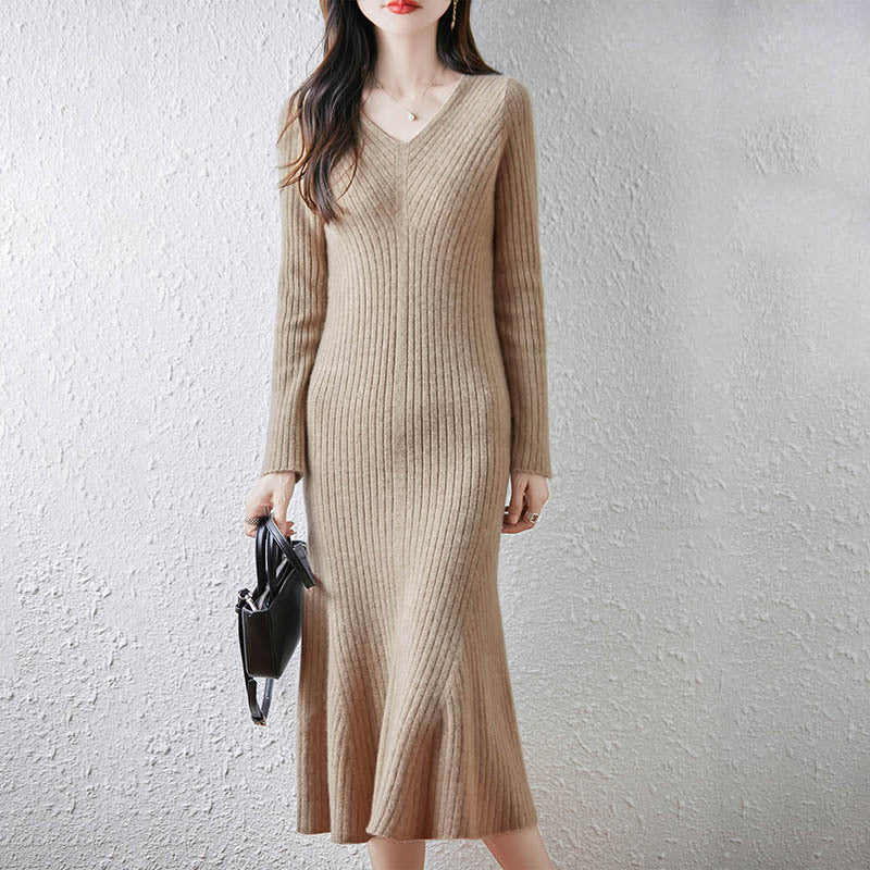 100 Pure Wool Knitted Dress V Neck Women's Slim Sweater Skirt Autumn And Winter New Knitted Pleated Skirt To Reduce Age