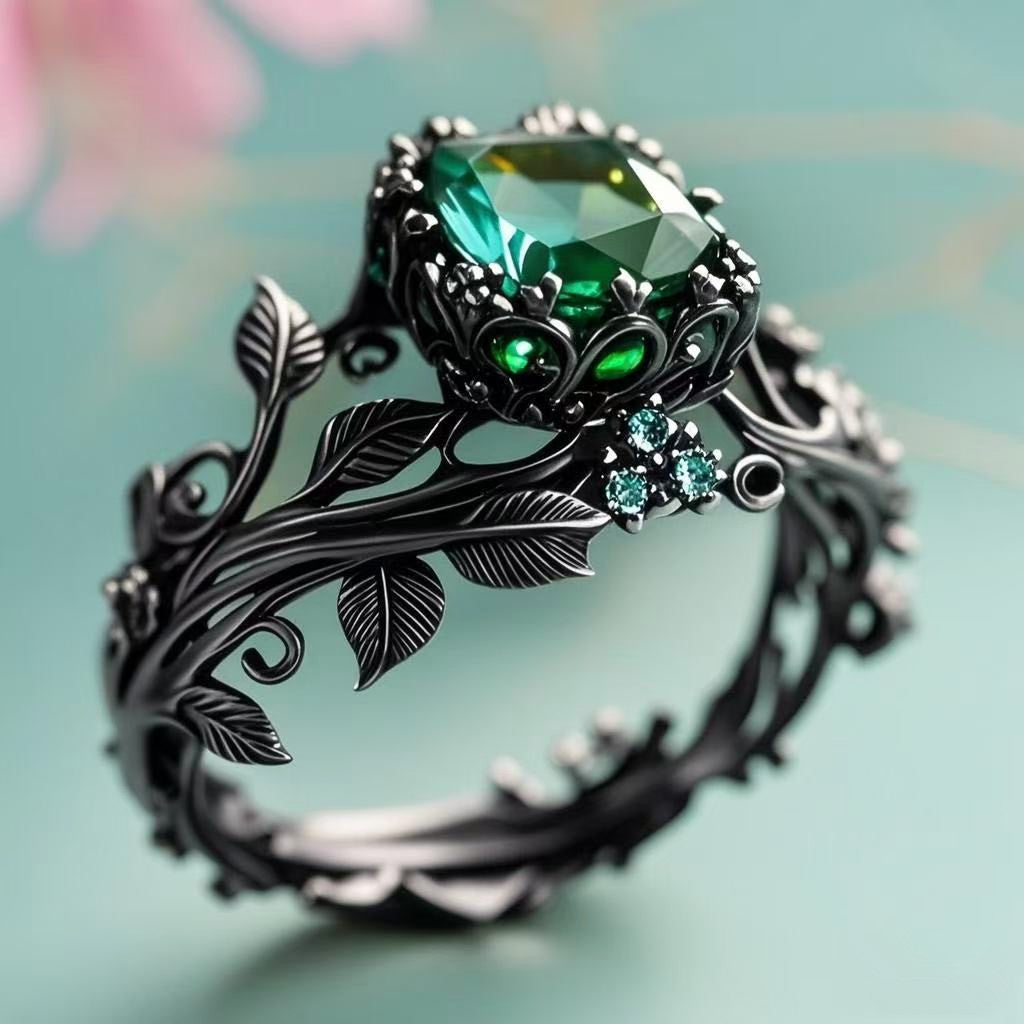 Ring Hot Selling Totem Ring Creative Retro Alloy Inlaid Green Crystal Ring