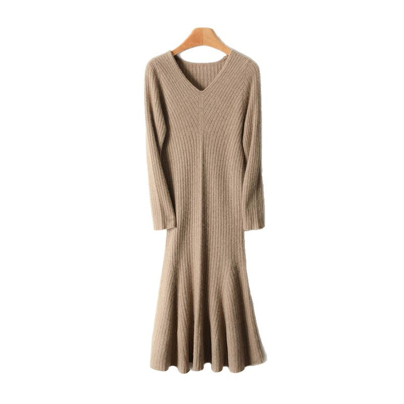 100 Pure Wool Knitted Dress V Neck Women's Slim Sweater Skirt Autumn And Winter New Knitted Pleated Skirt To Reduce Age