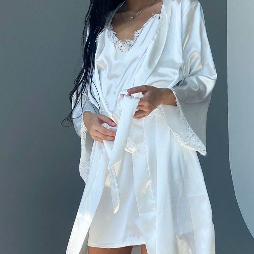 Mature And Intellectual Lace Trim Patchwork Tie Silk Nightgown Slip Dress Loungewear