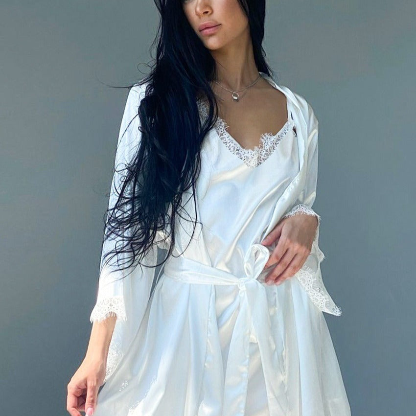 Mature And Intellectual Lace Trim Patchwork Tie Silk Nightgown Slip Dress Loungewear