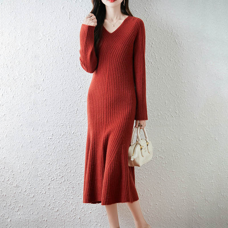 100 Pure Wool Knitted Dress V Neck Women's Slim Sweater Skirt Autumn And Winter New Knitted Pleated Skirt To Reduce Age