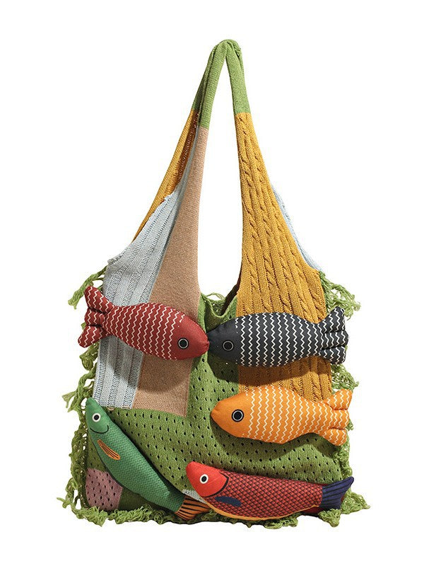 Bag Tote Bag Large Capacity Retro Tassel Splicing Design Literary Versatile Wool Knitted Bag Single Shoulder Bag