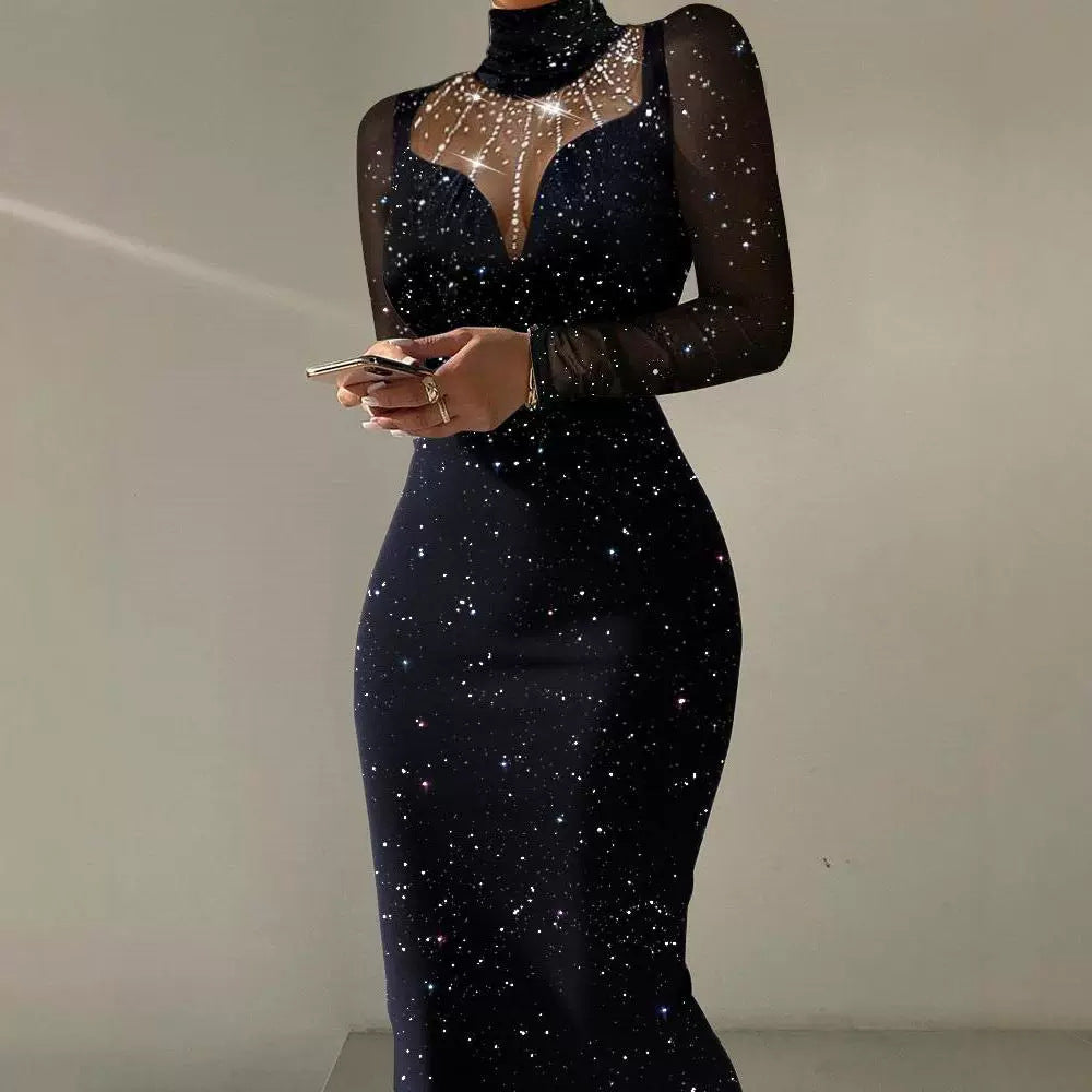 New Spring Mesh Stitching Hot Drilling Dress