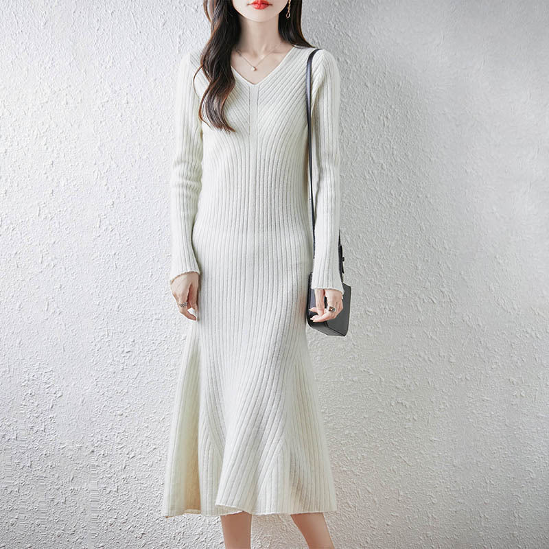 100 Pure Wool Knitted Dress V Neck Women's Slim Sweater Skirt Autumn And Winter New Knitted Pleated Skirt To Reduce Age