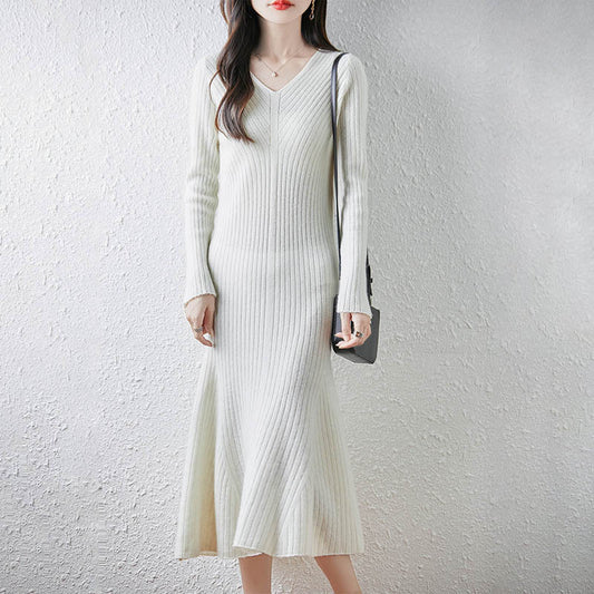 100 Pure Wool Knitted Dress V Neck Women's Slim Sweater Skirt Autumn And Winter New Knitted Pleated Skirt To Reduce Age
