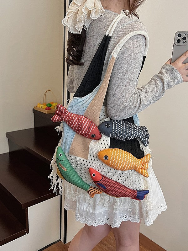 Bag Tote Bag Large Capacity Retro Tassel Splicing Design Literary Versatile Wool Knitted Bag Single Shoulder Bag