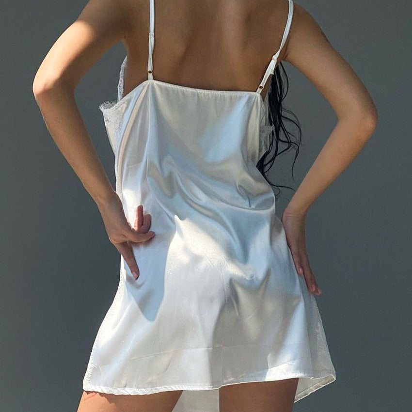 Mature And Intellectual Lace Trim Patchwork Tie Silk Nightgown Slip Dress Loungewear