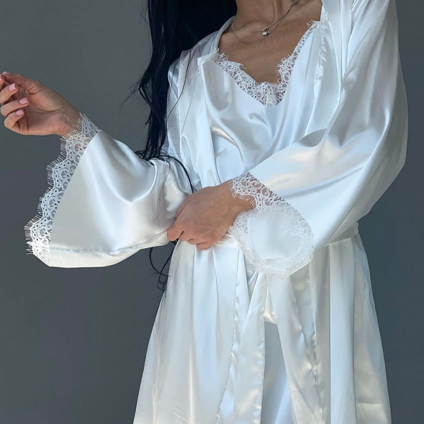 Mature And Intellectual Lace Trim Patchwork Tie Silk Nightgown Slip Dress Loungewear