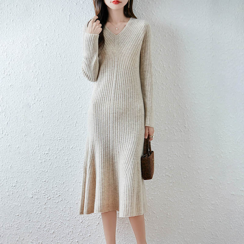 100 Pure Wool Knitted Dress V Neck Women's Slim Sweater Skirt Autumn And Winter New Knitted Pleated Skirt To Reduce Age