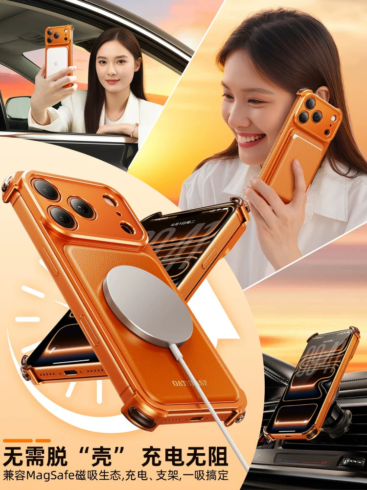 Genuine Leather Is Suitable For Apple 17promax Mobile Phone Case, Metal Frameless Case, IPhone16Pro Leather Protective Cover, Leather Magnetic Stand, Special Ultra-thin Half Bag, High-end New Style