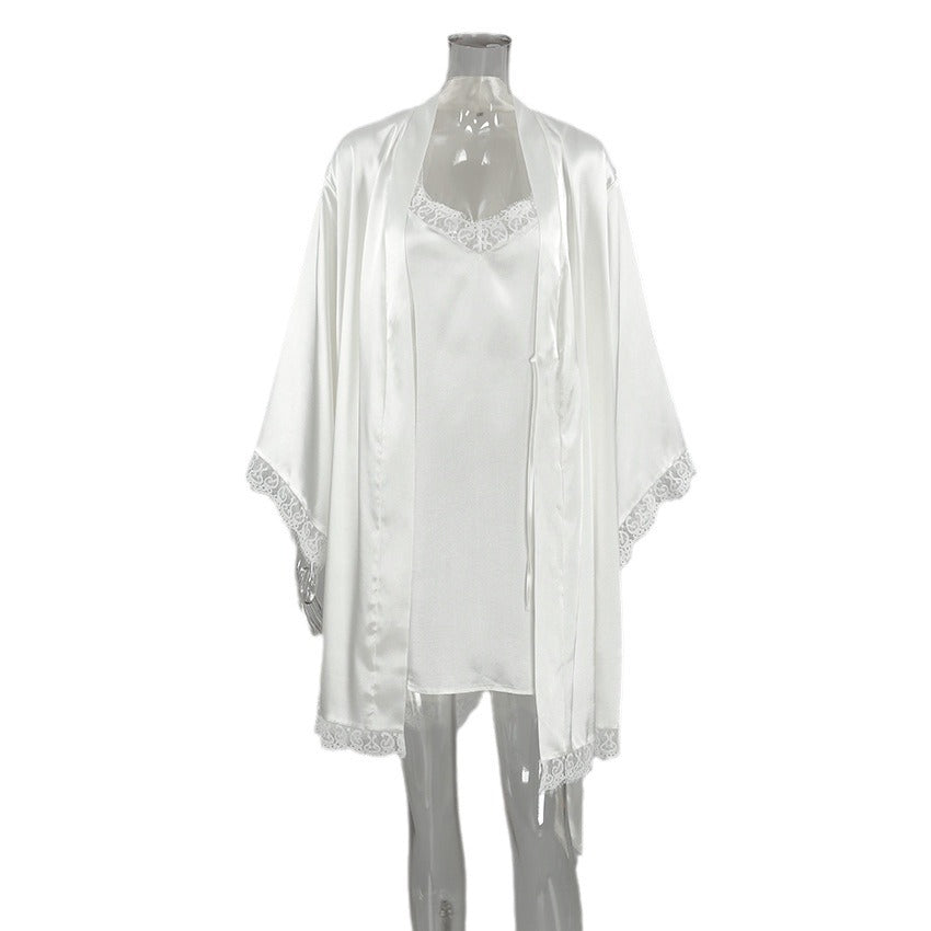 Mature And Intellectual Lace Trim Patchwork Tie Silk Nightgown Slip Dress Loungewear