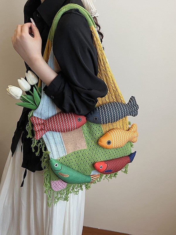 Bag Tote Bag Large Capacity Retro Tassel Splicing Design Literary Versatile Wool Knitted Bag Single Shoulder Bag