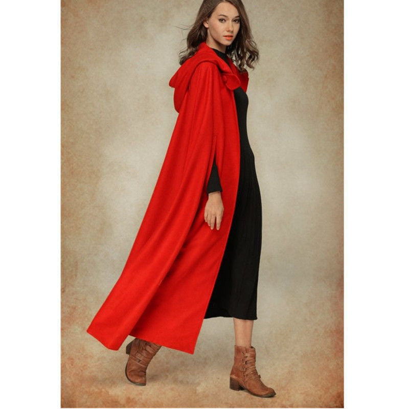 Fleece-Lined Thick Cape, Four-Color Hooded Tie-Up Shawl, Batwing Long Coat, Long Woolen Coat For Women