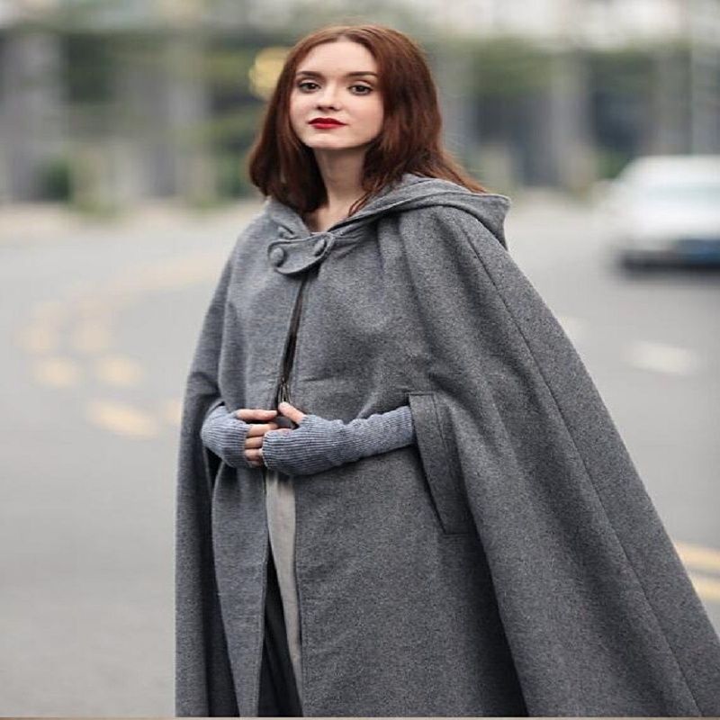 Fleece-Lined Thick Cape, Four-Color Hooded Tie-Up Shawl, Batwing Long Coat, Long Woolen Coat For Women