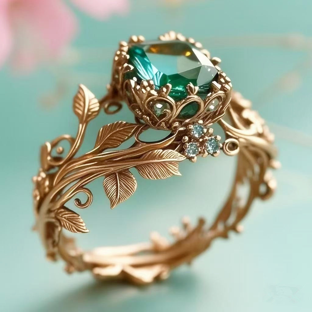 Ring Hot Selling Totem Ring Creative Retro Alloy Inlaid Green Crystal Ring