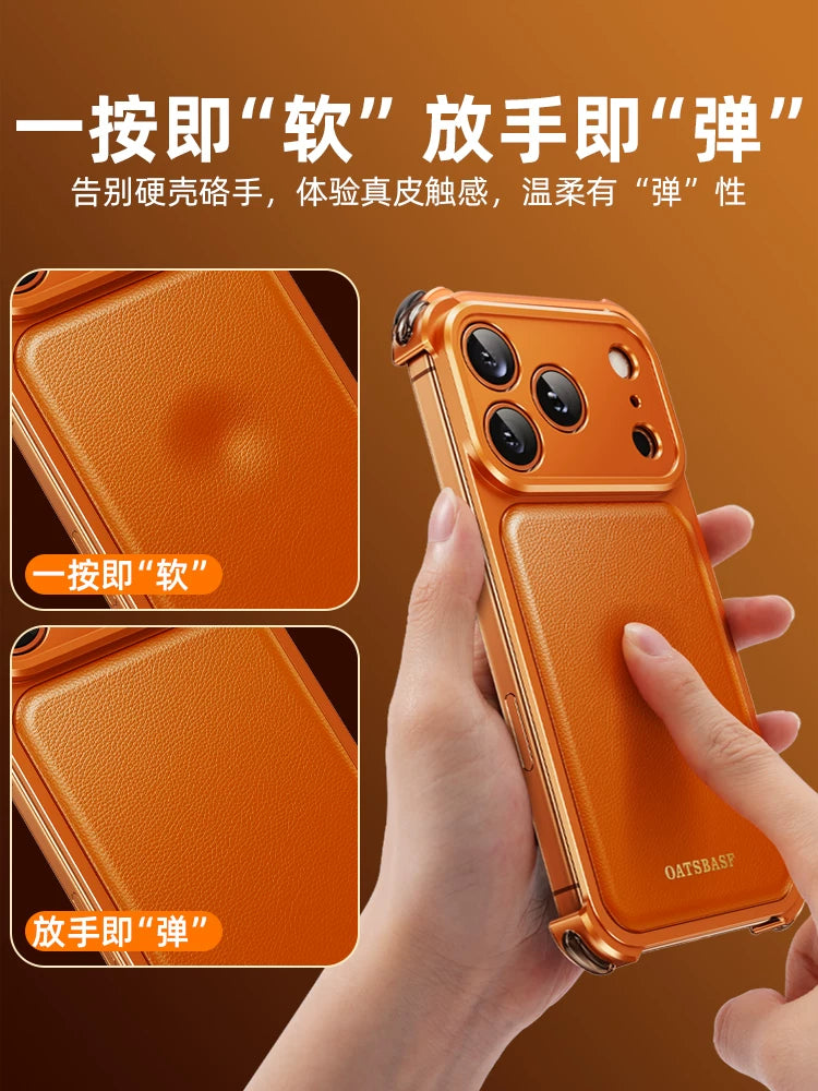 Genuine Leather Is Suitable For Apple 17promax Mobile Phone Case, Metal Frameless Case, IPhone16Pro Leather Protective Cover, Leather Magnetic Stand, Special Ultra-thin Half Bag, High-end New Style