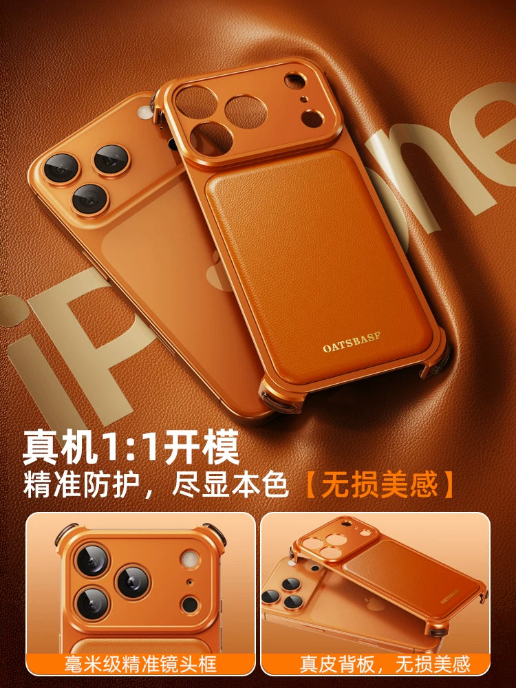 Genuine Leather Is Suitable For Apple 17promax Mobile Phone Case, Metal Frameless Case, IPhone16Pro Leather Protective Cover, Leather Magnetic Stand, Special Ultra-thin Half Bag, High-end New Style