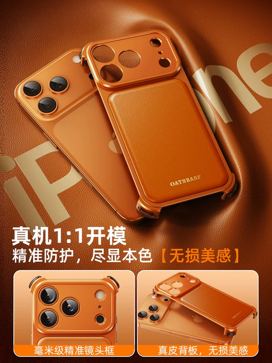 Genuine Leather Is Suitable For Apple 17promax Mobile Phone Case, Metal Frameless Case, IPhone16Pro Leather Protective Cover, Leather Magnetic Stand, Special Ultra-thin Half Bag, High-end New Style